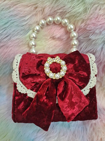 Burgundy crushed velvet evening bag with pearl bead handle, large satin bow with jeweled pearl brooch and cream lace trim for girls
