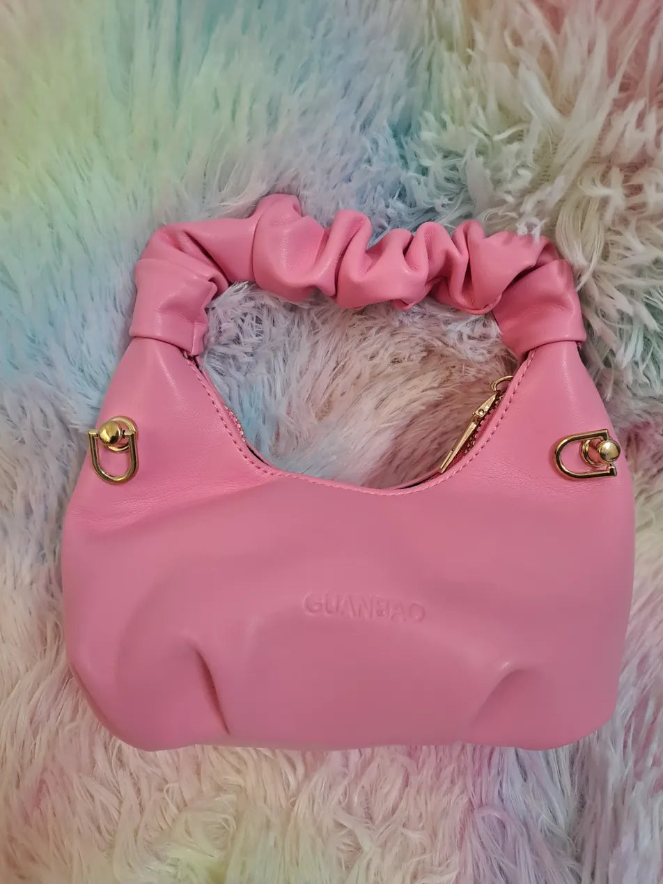 GUANBAO pink faux leather hobo bag with distinctive ruched gathered handle and gold-tone hardware for girls
