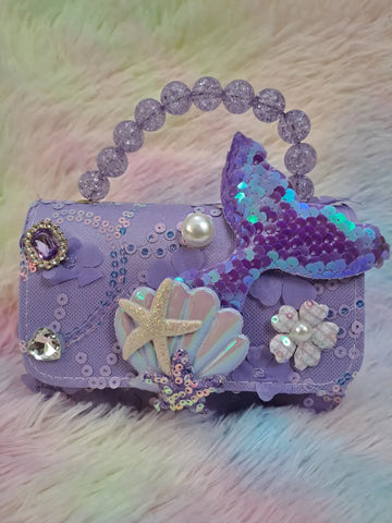Lavender purple lace evening bag with iridescent holographic mermaid tail, glitter starfish, holographic shell, and purple crystal bead handle for girls