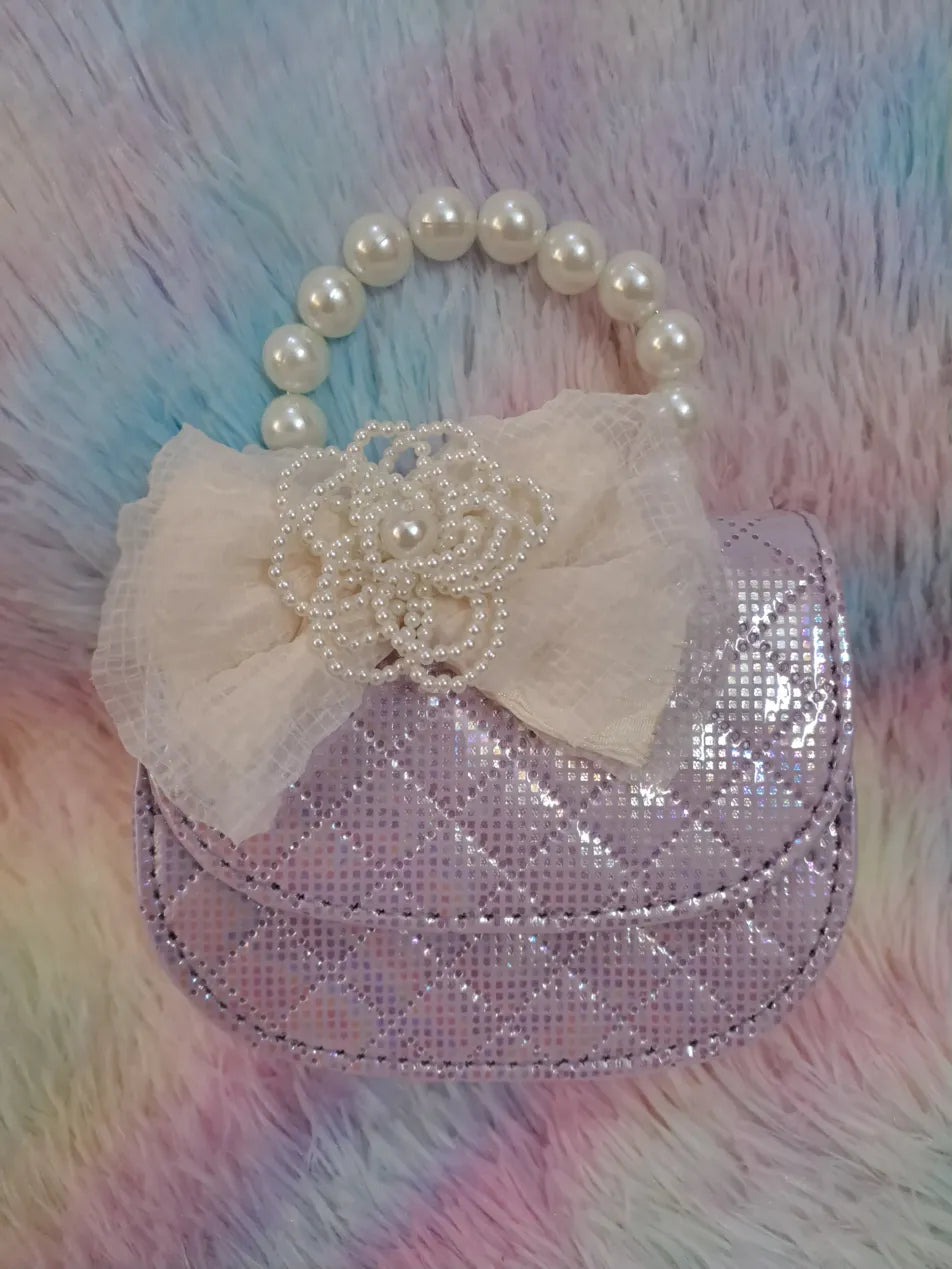 Lavender iridescent crystal-covered quilted evening bag with pearl bead handle and ivory tulle flower for girls
