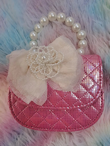 Pink Lace Tulle Pearl Handle Bag