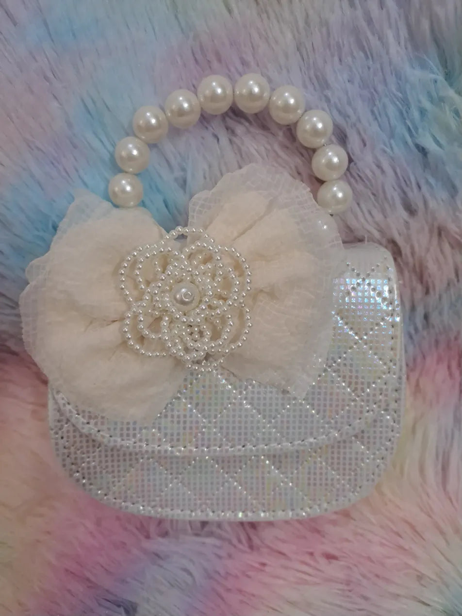 Iridescent holographic crystal-covered evening bag with pearl bead handle and ivory tulle flower with pearl embellishments for girls
