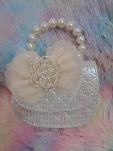 Iridescent holographic crystal-covered evening bag with pearl bead handle and ivory tulle flower with pearl embellishments for girls
