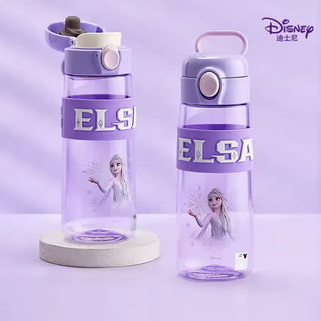 Disney Frozen Elsa transparent purple BPA-free kids straw water bottle with embossed ELSA lettering and flip-top lid, official Disney licensed product
