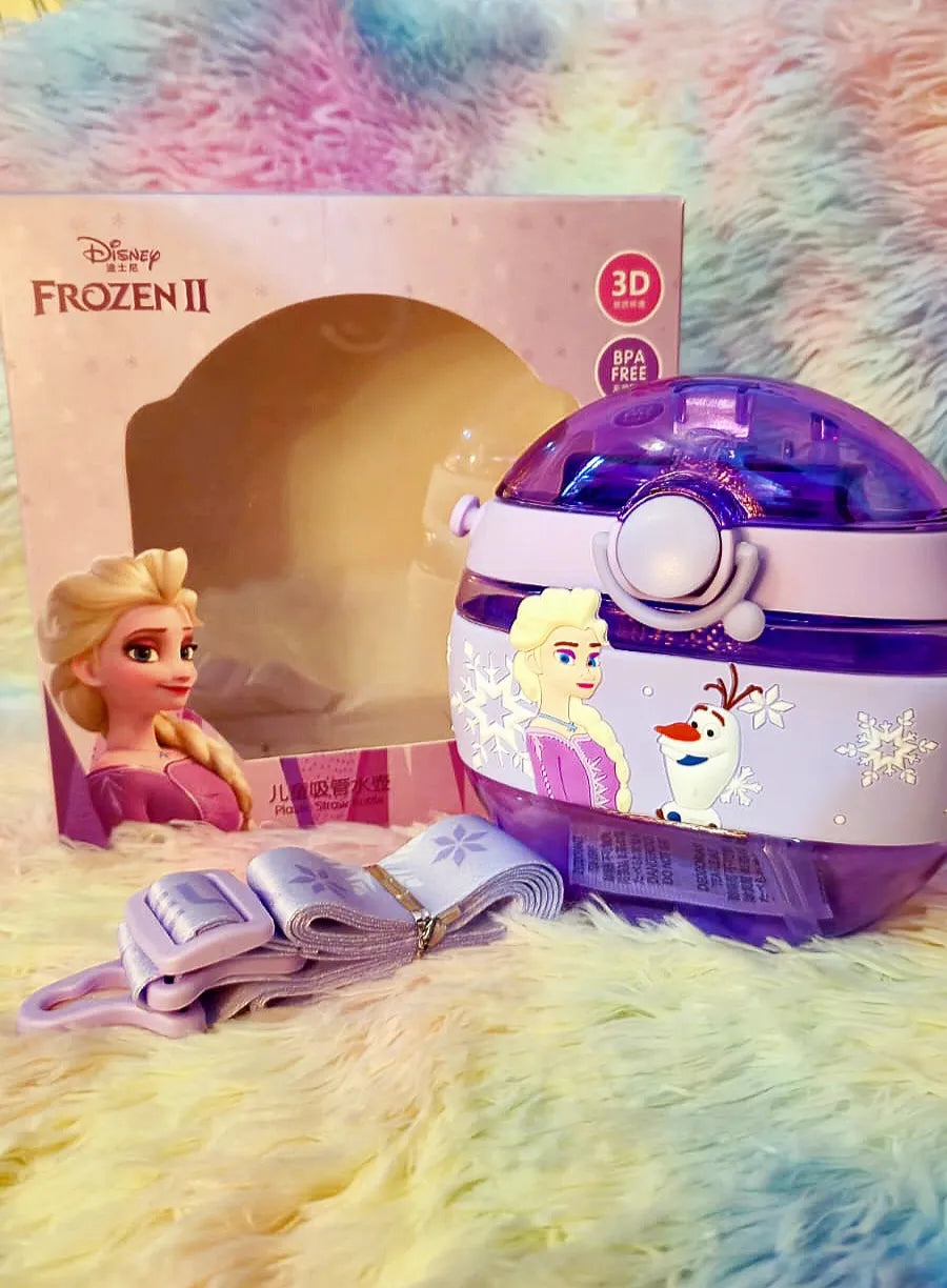 Disney Frozen II round globe-shaped purple kids straw water bottle featuring Elsa and Olaf artwork, with adjustable fabric shoulder strap, BPA-free official Disney licensed product
