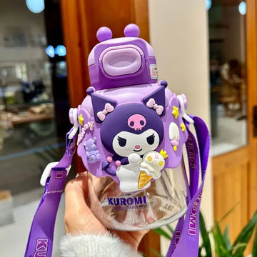 Purple Kuromi 3D Sanrio official kids straw water bottle with sculpted Kuromi ice cream figure, robot-shaped flip lid, and branded KUROMI purple shoulder strap