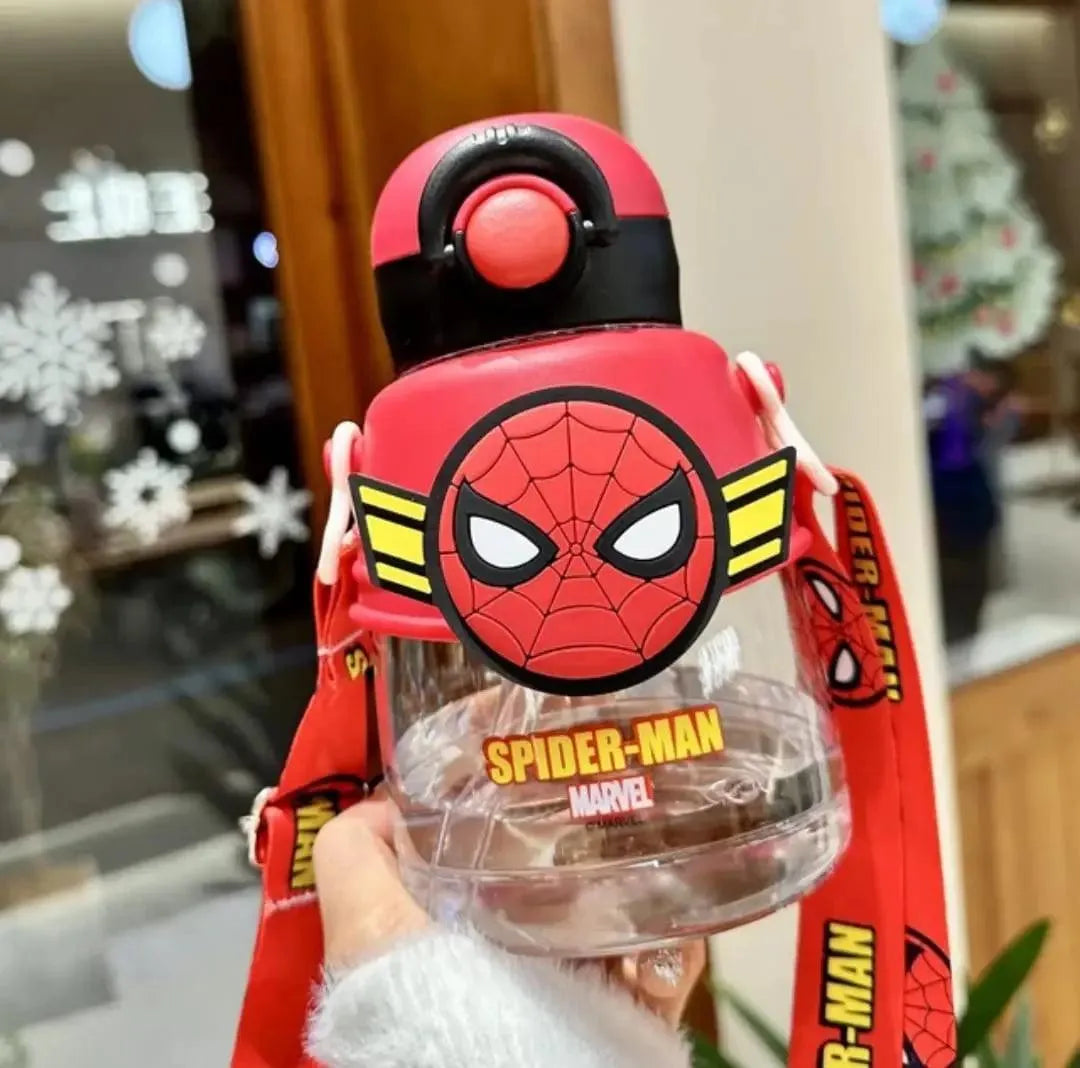 Red Spider-Man Marvel 3D kids straw water bottle with sculpted Spider-Man mask lid featuring golden wing details, push-button flip top, and branded shoulder strap, official Marvel licensed