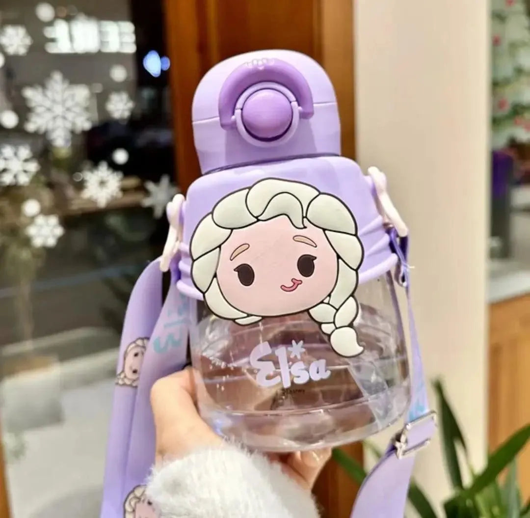 Purple Disney Frozen Elsa chibi tsum-tsum style kids water bottle with oversized Elsa face panel, silver braids artwork, round push-button lid, and illustrated shoulder strap, official Disney product
