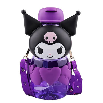 Sanrio official Kuromi 3D full-body figural purple kids water bottle with sculpted character form, black bunny ears, matte finish, purple heart hands, and Kuromi-branded shoulder strap
