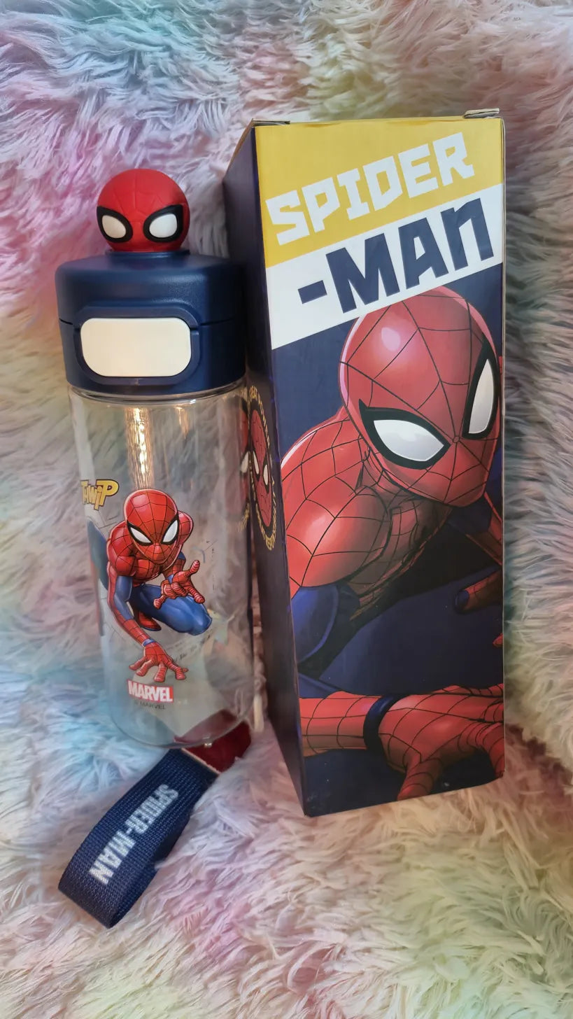 Spider-Man Marvel official clear kids straw water bottle with sculpted 3D Spider-Man head lid, dynamic THWIP comic artwork, navy lid with name panel, and branded strap, shown with gift box
