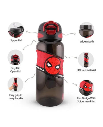 Spider-Man Marvel official black and red BPA-free kids sipper water bottle with easy flip lid, Spider-Man face silicone grip band, wide mouth opening, and carry handle, featuring product feature callout diagram