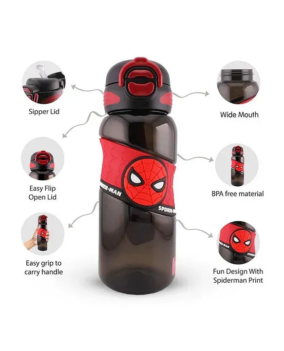 Spider-Man Marvel official black and red BPA-free kids sipper water bottle with easy flip lid, Spider-Man face silicone grip band, wide mouth opening, and carry handle, featuring product feature callout diagram