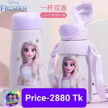 
Disney Frozen Elsa 316 stainless steel dual-lid insulated kids water bottle in lavender purple with Elsa illustration, straw lid and cup lid included, shoulder strap, official Disney licensed product, price 2880 Taka Bangladesh