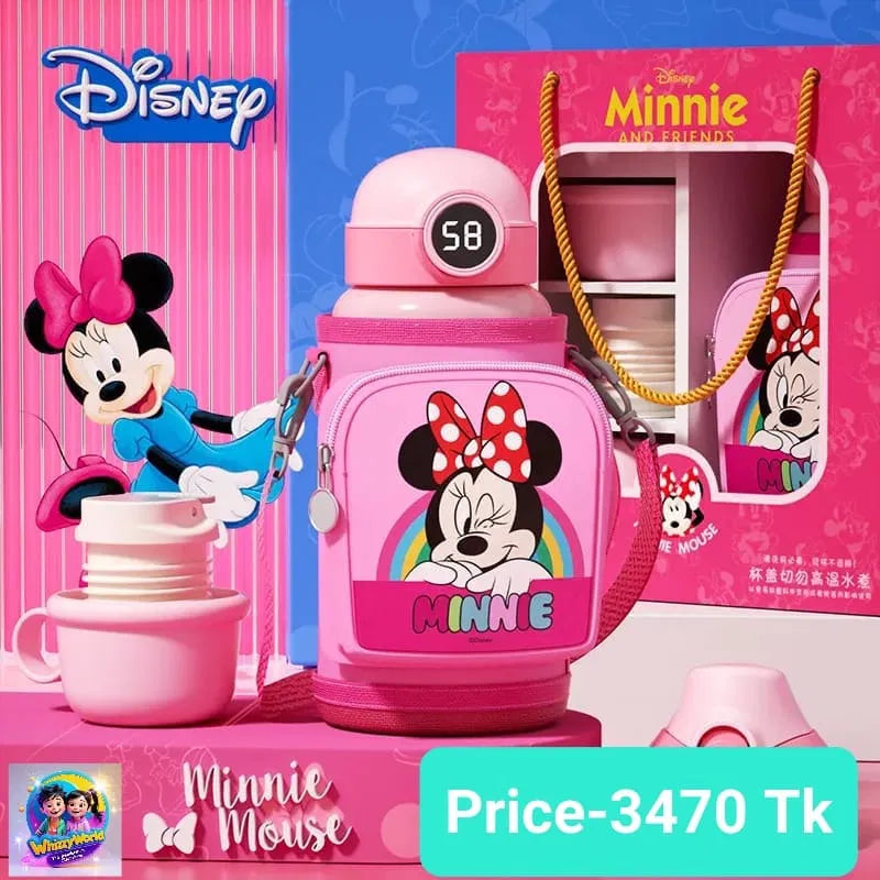 Disney Minnie Mouse pink insulated stainless steel kids water bottle with digital temperature display lid, embroidered Minnie carry pouch with shoulder strap, multiple lids, shown with Minnie and Friends gift box, price 3470 Taka Bangladesh

