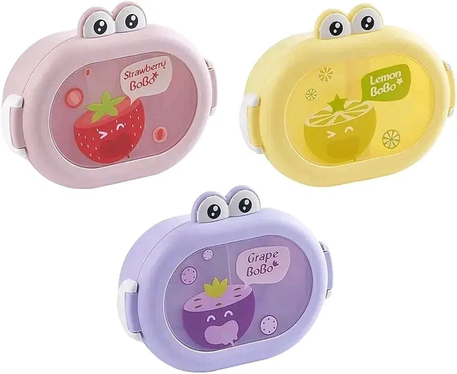 BoBo frog face fruit kids lunch box set showing Strawberry BoBo pink, Lemon BoBo yellow, and Grape BoBo purple variants with cartoon frog eyes lid and matching fruit illustration panel, BPA-free school tiffin box