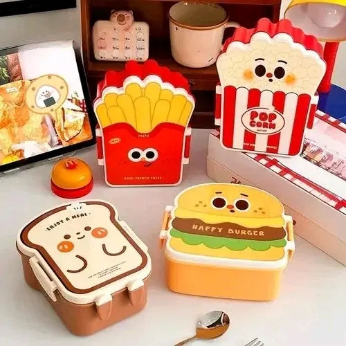 Fast food character kids lunch box set featuring French Fries, Popcorn, Toast, and Happy Burger novelty shaped tiffin boxes with cartoon faces, secure latch closures, BPA-free food-safe school lunch containers