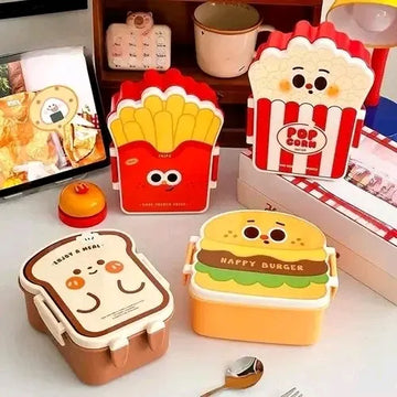 Fast food character kids lunch box set featuring French Fries, Popcorn, Toast, and Happy Burger novelty shaped tiffin boxes with cartoon faces, secure latch closures, BPA-free food-safe school lunch containers