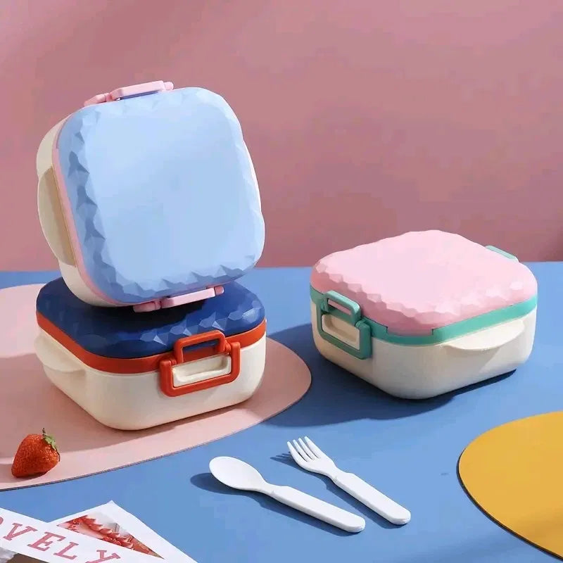 Diamond-Texture Kids Lunch Box with Spoon & Fork | Geometric Tiffin Box Blue Pink School